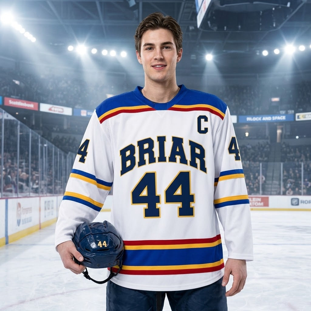 Briar Graham #44 Hockey Jersey – White Blue Gold Ice Hockey Fan Shirt, Long Sleeve V-Neck Hockey Uniform, Hockey Lover Gift