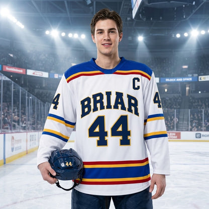 Briar Graham #44 Hockey Jersey – White Blue Gold Ice Hockey Fan Shirt, Long Sleeve V-Neck Hockey Uniform, Hockey Lover Gift