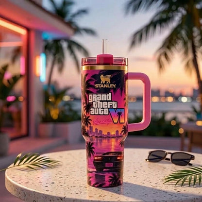 GTA VI Inspired 40oz Tumbler with Handle and Straw – Retro Miami Sunset, Tropical Palm Trees & 80s Neon Aesthetic Gaming Cup, Gift for Gamers