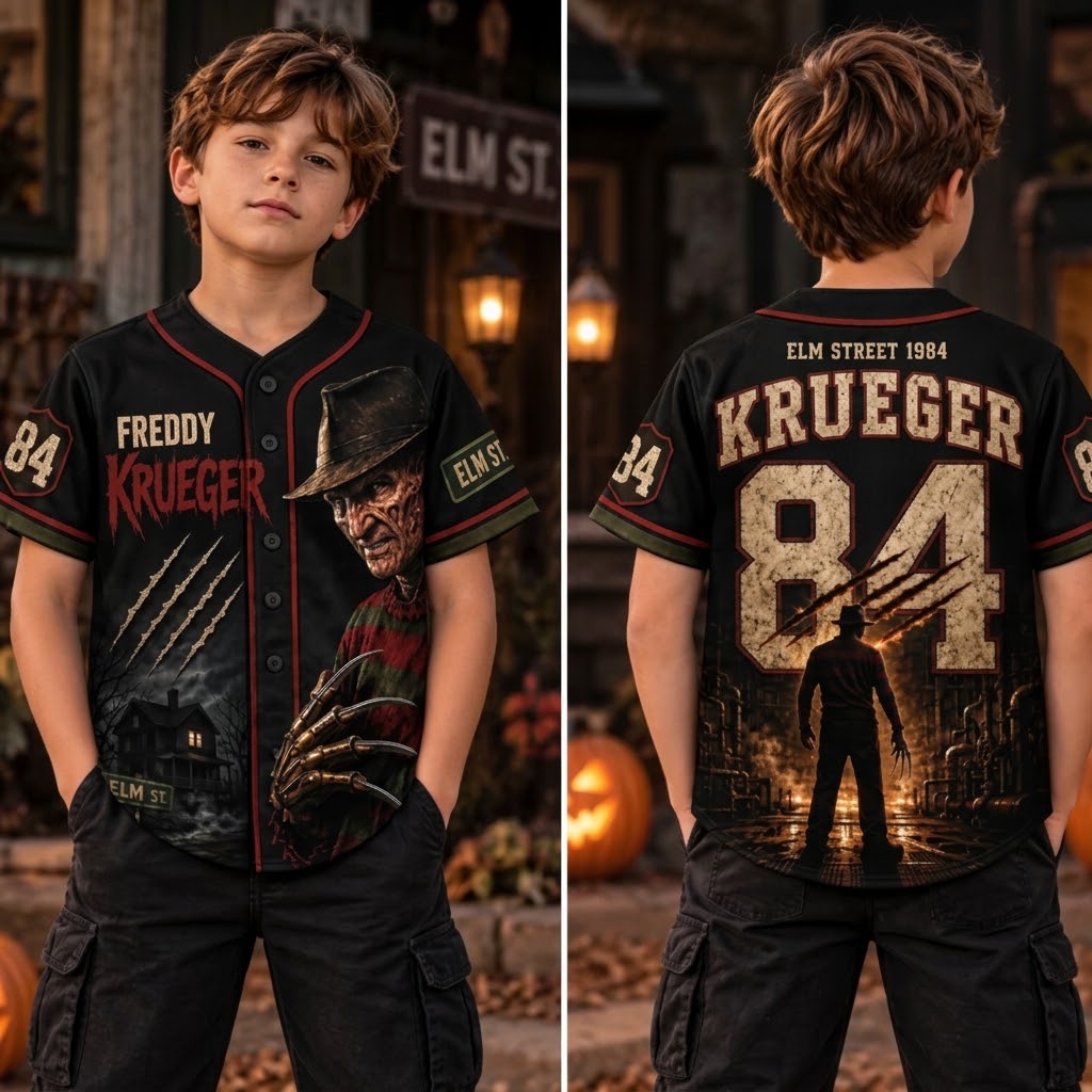 Kids Horror Slasher Baseball Jersey – Classic Horror Movie Characters 3D All-Over Print Button-Up Shirt, Halloween Outfit for Boys & Girls