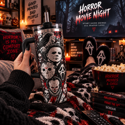 Horror Movie 40oz Tumbler – Scary Icons Insulated Travel Mug with Handle & Straw, Halloween Gift for Horror Fans