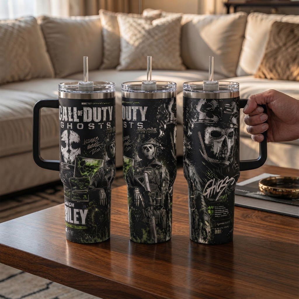 Call of Duty Ghost Simon Riley Stainless Steel Insulated Tumbler - 40oz Handle Cup with Silicone Lid, Printed Task Force 141 Graphics, Gaming Gift for Fans, Insulation