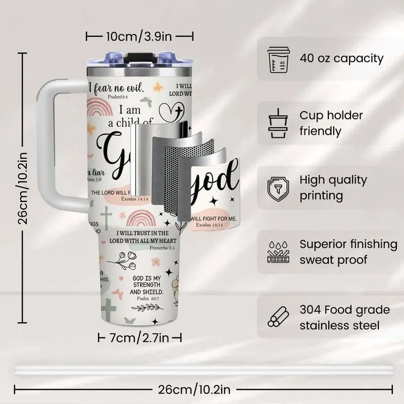 1PC 40oz BPA-Free Round Plastic Christian Travel Tumbler with Handle & Straw, God Faith Scripture Quotes, Inspirational Floral Pastel Print, Leakproof Vacuum Flask for Church, Mother's Day & Anniversary Gifts