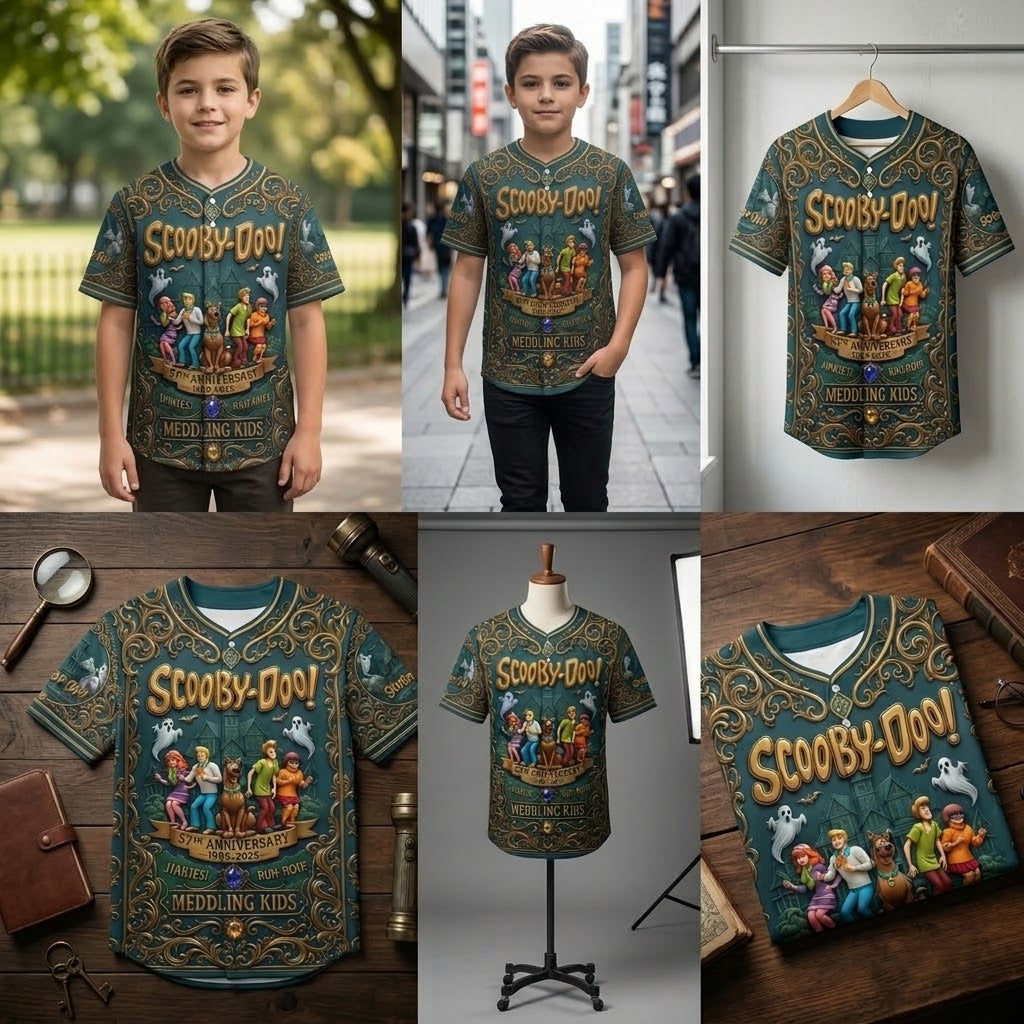 Scooby-Doo 57th Anniversary 1969–2026 Kids Baseball Jersey – Mystery Inc. 3D All-Over Print Button-Up Shirt, Retro Cartoon Gift for Boys & Girls