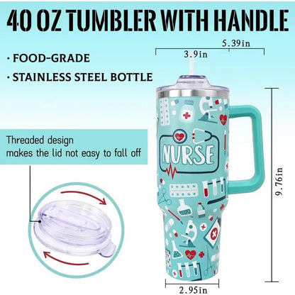 40oz Stainless Steel Printed Insulated Nurse Vacuum Flask Bottle - Anti-Leak Indoor Drinkware with Lid, Straw - Nursing Student Gifts for Valentines, Mothers Day, Portable Kitchenware for Coffee