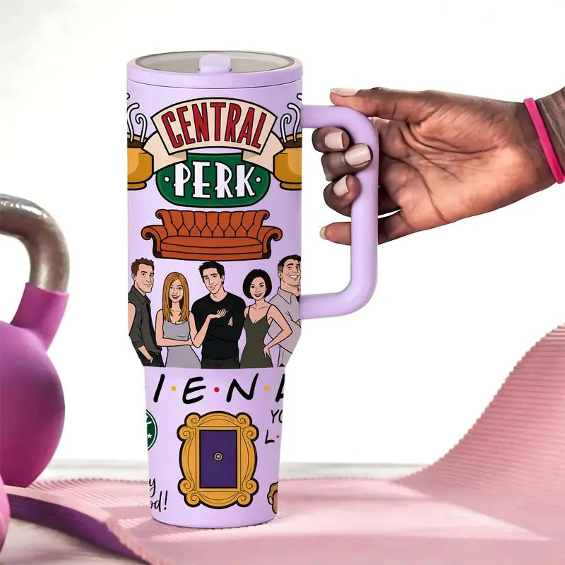 1pc 40oz Friends Fans Insulated Tumbler with Handle, Double Wall Vacuum Stainless Steel Travel Mug, Flasks, Drinkware, Keeps Cold 24H and Hot 12H, Leakproof Cup for Coffee, Office, Daily Use, Sitcom Inspired Gift for Friends, Birthdays, Holidays