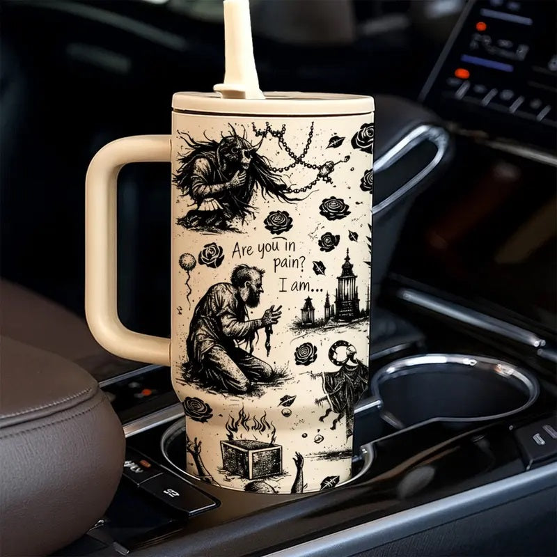 40 oz Sleep Token Insulated Gothic Fantasy Tumbler with Handle and Straw, Gothic Angel Moon Art Stainless Steel Vacuum Insulated Travel Mug, Large Capacity Car Coffee Thermos Keeps Drinks Hot