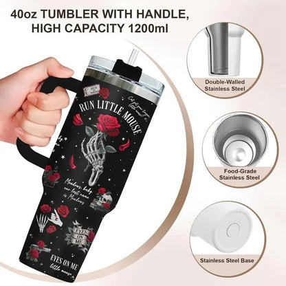 Dark Romance Bookish Tumbler, 40oz Stainless Steel Cup with Handle, Skeleton Hand and Rose Design, Run Little Mouse Coffee Cup, Birthday Gifts for Book Lovers, Fans, Kitchen Drinkware