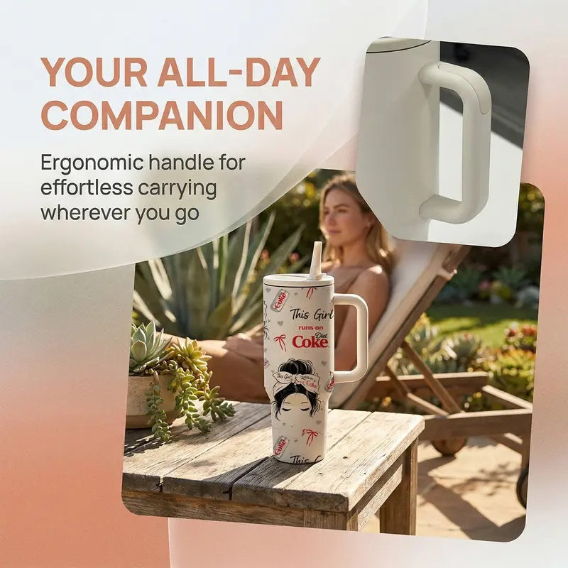 1 Pc Mikenda 40-Oz Stainless Steel Funny Quote Tumbler with Handle and Straw, This Girl Runs on Diet Coke Funny Design, Double-Wall Vacuum Insulated Mug