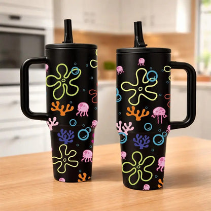 1PC 40oz Insulated Mug, Bikini Bottom Inspired Thermal Cup, Vacuum Insulated Tumbler, Ocean Jellyfish Coral Print, Double Wall, Leak-Proof, Handle & Straw Lid, 12H Hot/24H Cold Retention, Large Capacity Travel Tumbler