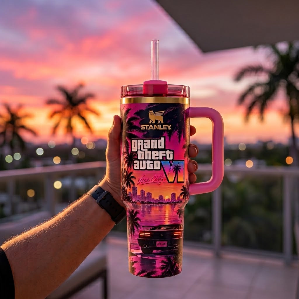 GTA VI Inspired 40oz Tumbler with Handle and Straw – Retro Miami Sunset, Tropical Palm Trees & 80s Neon Aesthetic Gaming Cup, Gift for Gamers