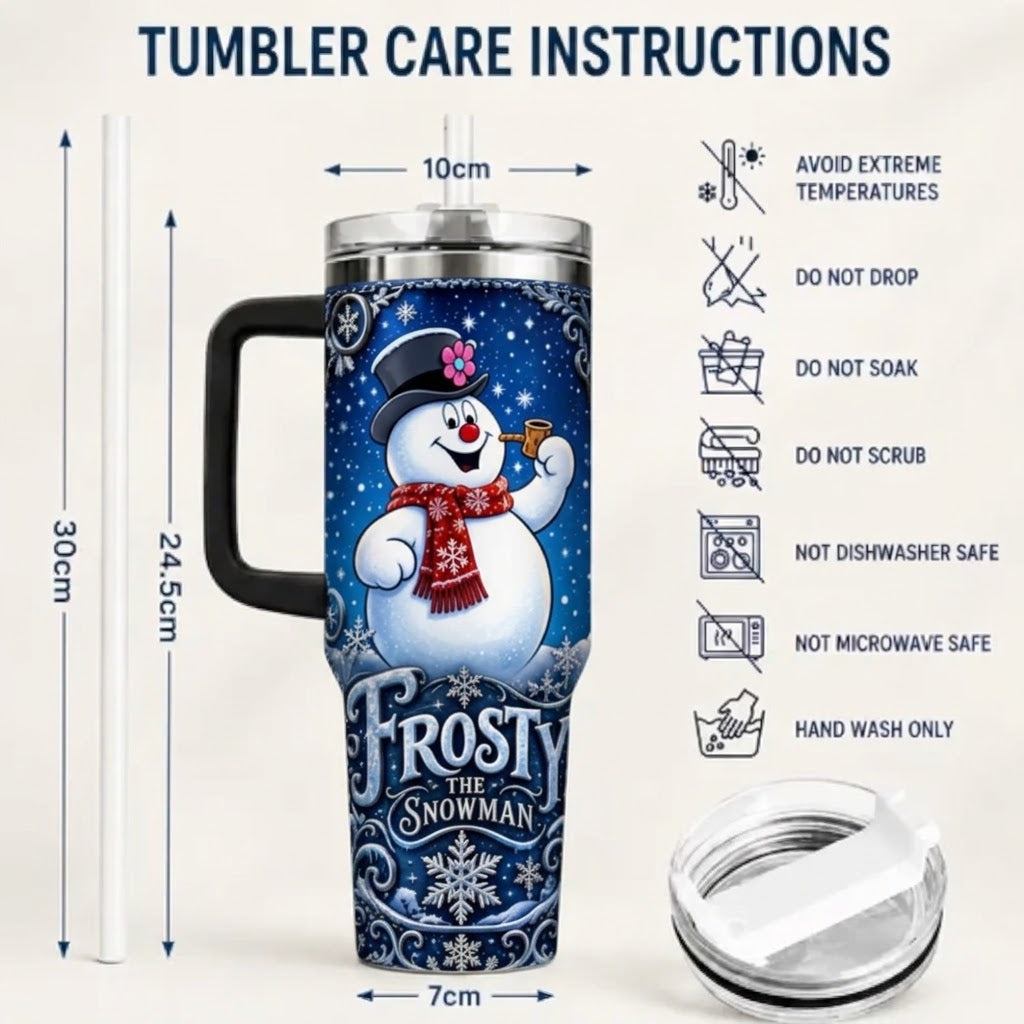 Frosty the Snowman 40oz Christmas Tumbler with Handle and Straw, Cute Snowman Winter Insulated Cup, Holiday Travel Mug, Christmas Gift for Women