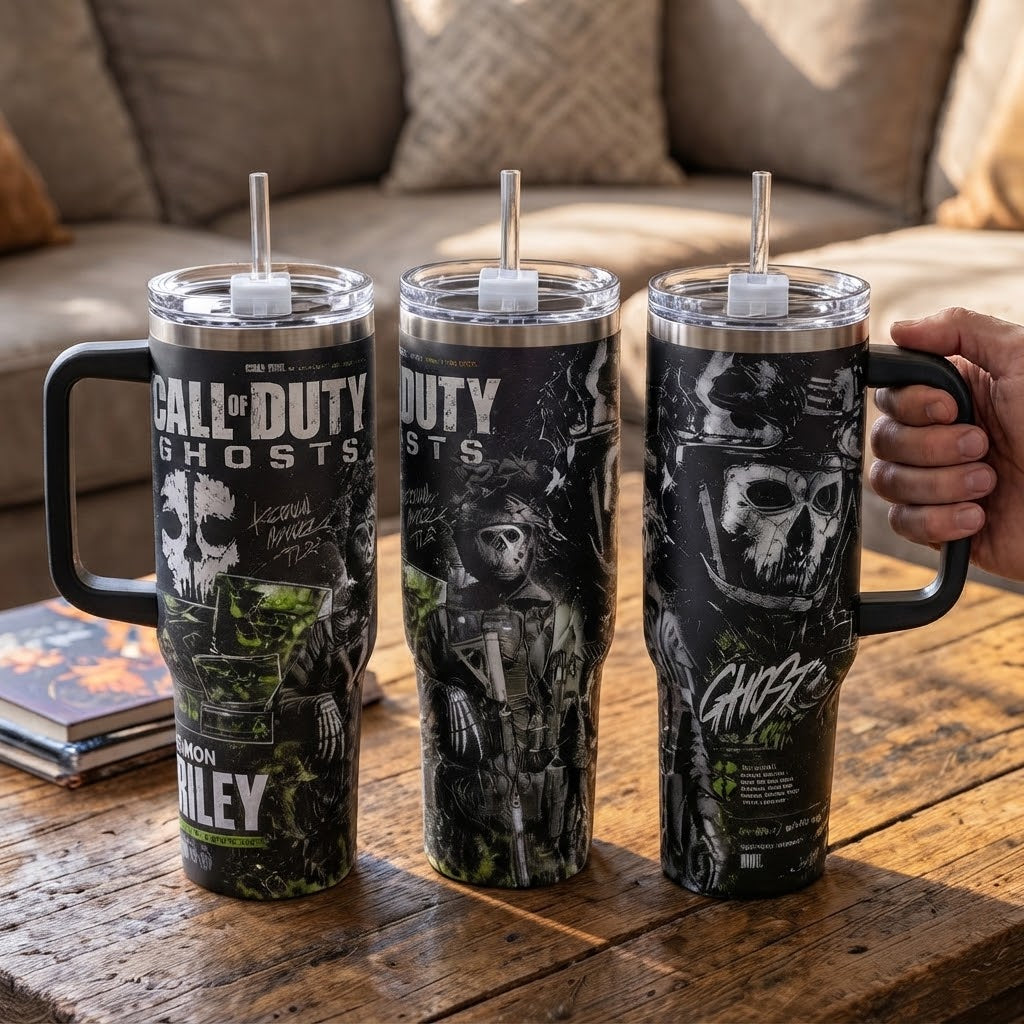 Call of Duty Ghost Simon Riley Stainless Steel Insulated Tumbler - 40oz Handle Cup with Silicone Lid, Printed Task Force 141 Graphics, Gaming Gift for Fans, Insulation