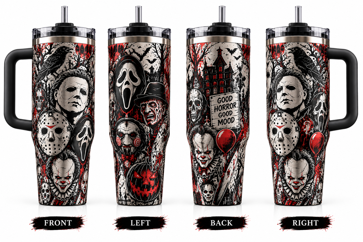 Horror Movie 40oz Tumbler – Scary Icons Insulated Travel Mug with Handle & Straw, Halloween Gift for Horror Fans
