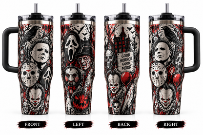 Horror Movie 40oz Tumbler – Scary Icons Insulated Travel Mug with Handle & Straw, Halloween Gift for Horror Fans