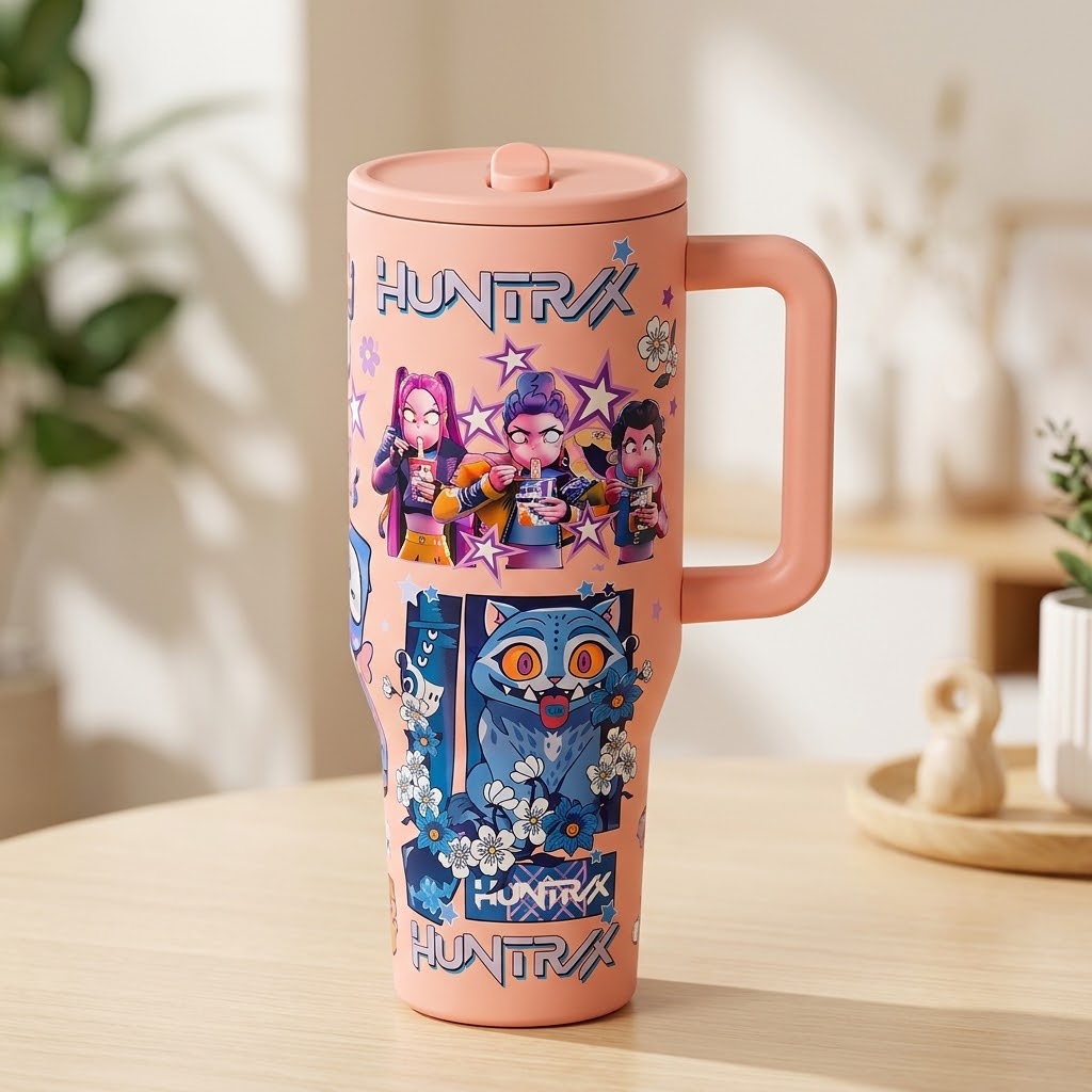 K-Pop Ghost Hunter Theme Wicked Water Bottle with Straw & Lid, Reusable Hard Plastic,  Eco-Friendly Drinkware for School, Travel, Coffee Use & Halloween Parties, Teen Gift