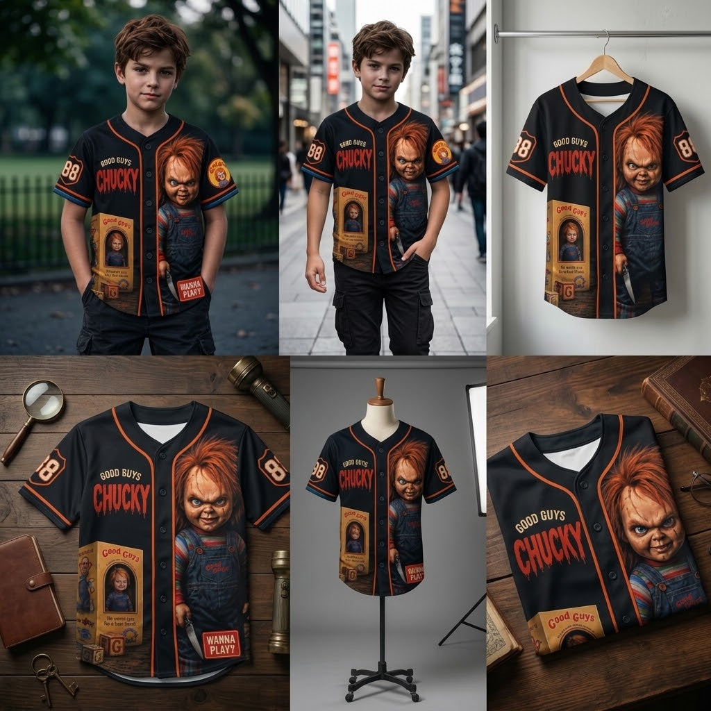 Kids Horror Slasher Baseball Jersey – Classic Horror Movie Characters 3D All-Over Print Button-Up Shirt, Halloween Outfit for Boys & Girls