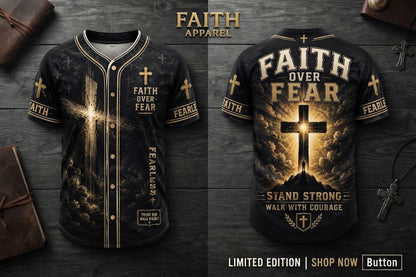 Faith Over Fear Christian Baseball Jersey Shirt, Men's Cross Graphic Button Up Jersey, Religious Faith Gift for Men
