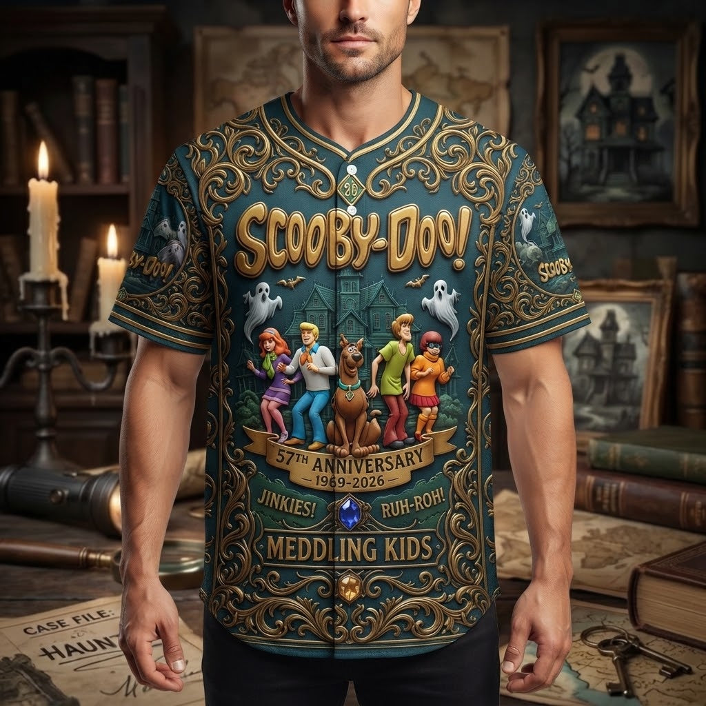 Scoobii-Doooo 57th Anniversary 1969–2026 3D All-Over Print Baseball Jersey – Mystery Inc. Retro Haunted Adventure Button-Up Shirt, Fan Gift