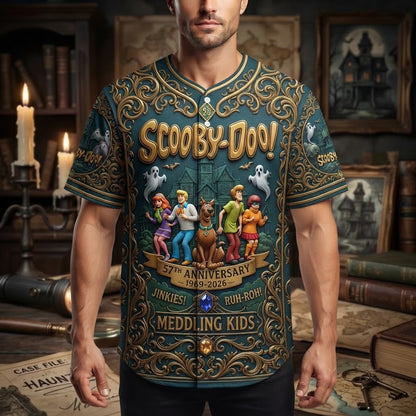 Scoobii-Doooo 57th Anniversary 1969–2026 3D All-Over Print Baseball Jersey – Mystery Inc. Retro Haunted Adventure Button-Up Shirt, Fan Gift