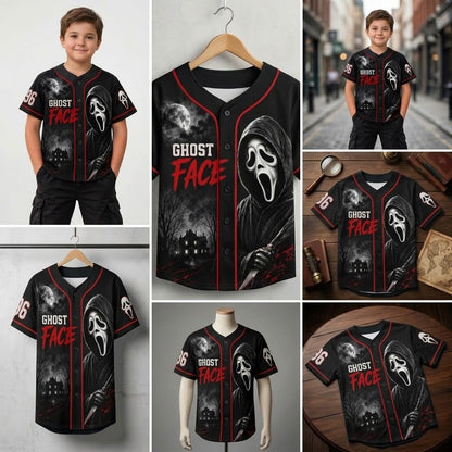 Kids Horror Slasher Baseball Jersey – Classic Horror Movie Characters 3D All-Over Print Button-Up Shirt, Halloween Outfit for Boys & Girls