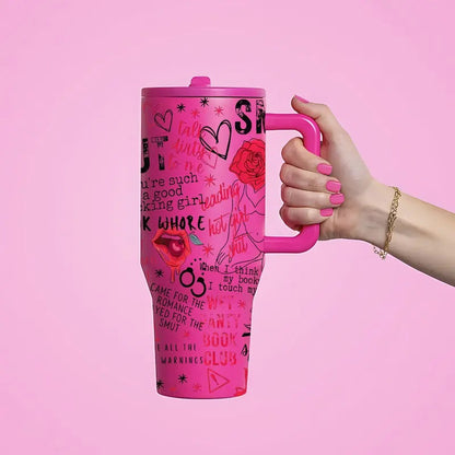 1 pc 40oz Insulated Mug with Handle and Straw Lid, Double-Wall Vacuum Leakproof Tumbler, Leak-Proof Large-Capacity Thermal Cup Keeps Drinks Hot 12 Hours and Cold 24 Hours, Smut Book Club Dark Rose Heart Print Gift for Women and Men, Insulated Travel Cup