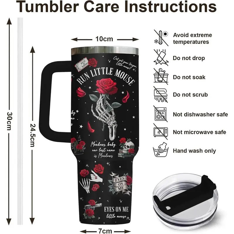 Dark Romance Bookish Tumbler, 40oz Stainless Steel Cup with Handle, Skeleton Hand and Rose Design, Run Little Mouse Coffee Cup, Birthday Gifts for Book Lovers, Fans, Kitchen Drinkware