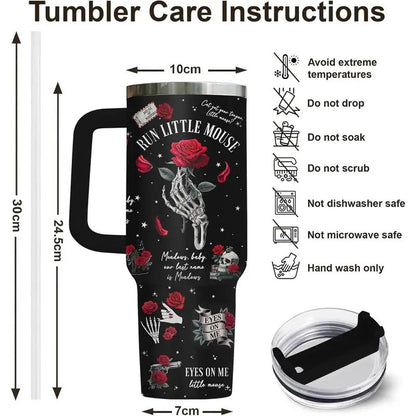 Dark Romance Bookish Tumbler, 40oz Stainless Steel Cup with Handle, Skeleton Hand and Rose Design, Run Little Mouse Coffee Cup, Birthday Gifts for Book Lovers, Fans, Kitchen Drinkware