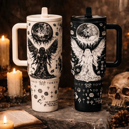 40 oz Sleep Token Insulated Gothic Fantasy Tumbler with Handle and Straw, Gothic Angel Moon Art Stainless Steel Vacuum Insulated Travel Mug, Large Capacity Car Coffee Thermos Keeps Drinks Hot