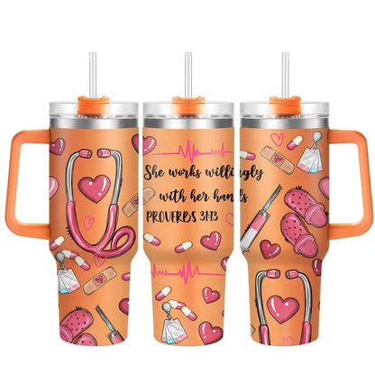 Nurse Pattern 40oz Insulated Coffee Tumbler with Lid, 1 Count Stainless Steel Water Bottle, Drinking Cup for Home Office School, Gift for Nurse, Birthday Gift, Drinkware, Insulated Tumblers