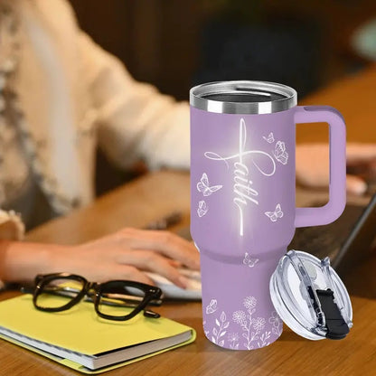 Women's 40oz Sturdy Transparent Vacuum Flask Tumbler with Handle - Purple Christian Beach & Coffee Drinkware, Spiritual Encouragement Gift for Mom, Birthday, Christmas