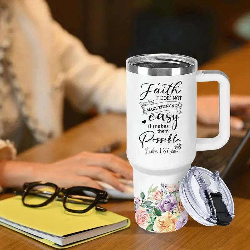 40oz Vacuum Flask Christian Women's Tumbler with Handle & Straw - Transparent Coffee Water Bottle, Faith-Inspired Religious Gift for Mom, Friends