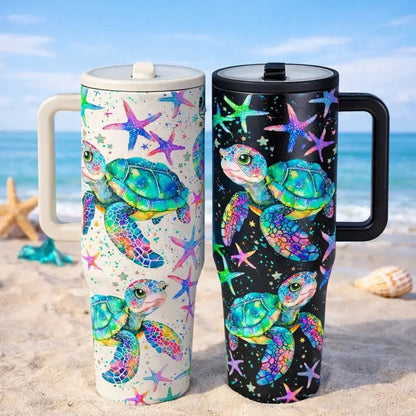 40oz Insulated with Handle, Lid and Straw, Stainless Steel Vacuum Travel Mug, Insulated Flask, Insulated Tumblers, Sea Turtle Ocean Print, Large Capacity for Hot & Cold Drinks, Coffee Mug