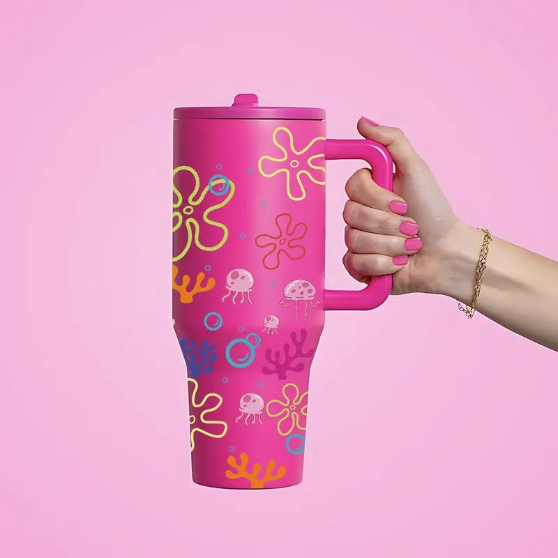1PC 40oz Insulated Mug, Bikini Bottom Inspired Thermal Cup, Vacuum Insulated Tumbler, Ocean Jellyfish Coral Print, Double Wall, Leak-Proof, Handle & Straw Lid, 12H Hot/24H Cold Retention, Large Capacity Travel Tumbler