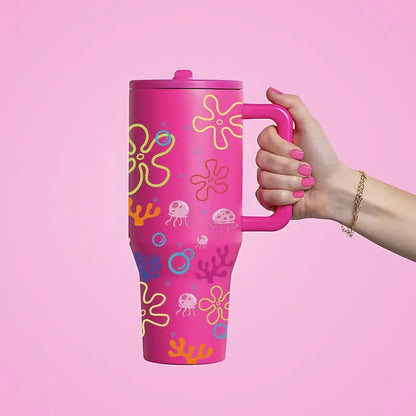 1PC 40oz Insulated Mug, Bikini Bottom Inspired Thermal Cup, Vacuum Insulated Tumbler, Ocean Jellyfish Coral Print, Double Wall, Leak-Proof, Handle & Straw Lid, 12H Hot/24H Cold Retention, Large Capacity Travel Tumbler