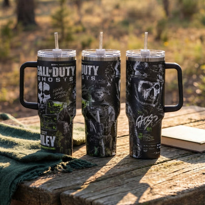 Call of Duty Ghost Simon Riley Stainless Steel Insulated Tumbler - 40oz Handle Cup with Silicone Lid, Printed Task Force 141 Graphics, Gaming Gift for Fans, Insulation