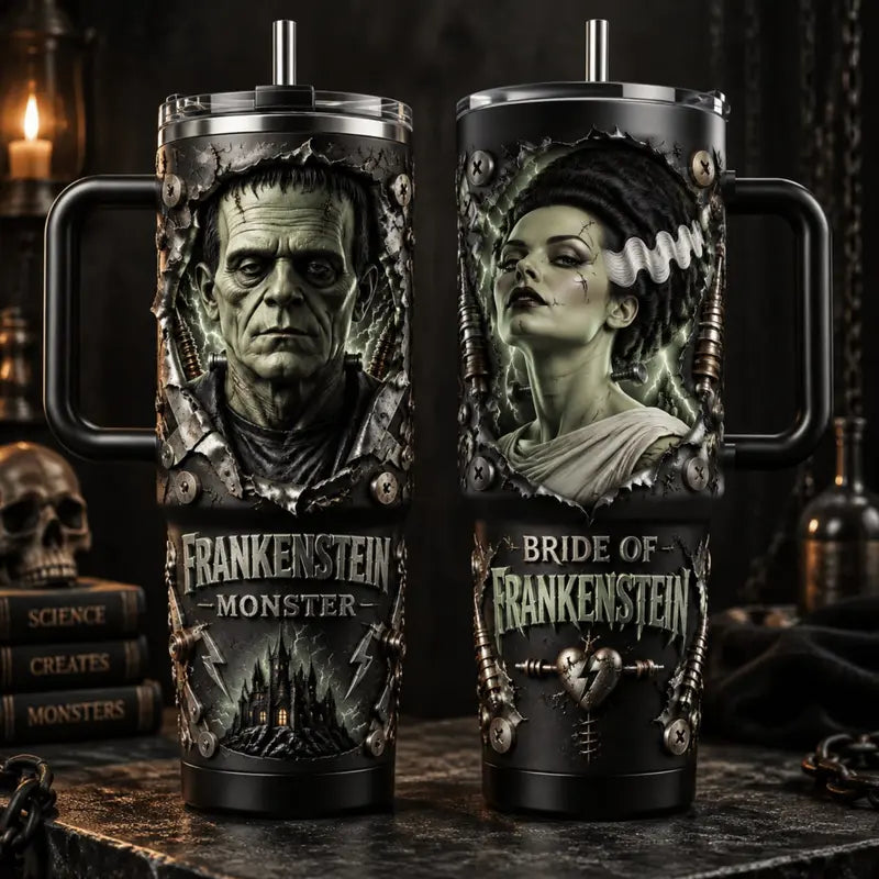 Frankenstein & Bride of Frankenstein Couple 40oz Tumbler – Boyfriend / 40oz Tumbler - Black Handle