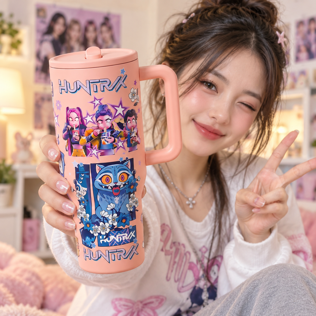 K-Pop Ghost Hunter Theme Wicked Water Bottle with Straw & Lid, Reusable Hard Plastic,  Eco-Friendly Drinkware for School, Travel, Coffee Use & Halloween Parties, Teen Gift