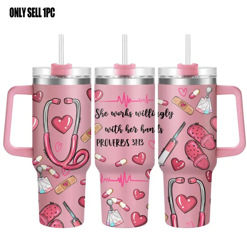 Nurse Pattern 40oz Insulated Coffee Tumbler with Lid, 1 Count Stainless Steel Water Bottle, Drinking Cup for Home Office School, Gift for Nurse, Birthday Gift, Drinkware, Insulated Tumblers