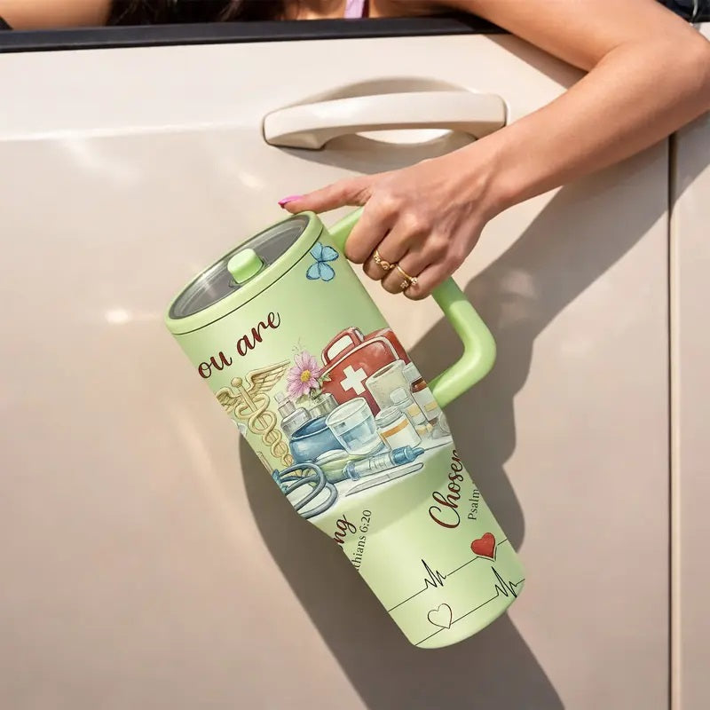 40oz Insulated Stainless Steel Mug, Vacuum Thermo Flask, Double Wall Vacuum Leak Proof, Keeps Hot 12h Cold 24h, Nurse Appreciation Gift, Heart Stethoscope Print, Holiday Gift for Women and Men
