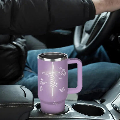 Women's 40oz Sturdy Transparent Vacuum Flask Tumbler with Handle - Purple Christian Beach & Coffee Drinkware, Spiritual Encouragement Gift for Mom, Birthday, Christmas