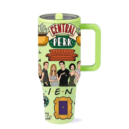 1pc 40oz Friends Fans Insulated Tumbler with Handle, Double Wall Vacuum Stainless Steel Travel Mug, Flasks, Drinkware, Keeps Cold 24H and Hot 12H, Leakproof Cup for Coffee, Office, Daily Use, Sitcom Inspired Gift for Friends, Birthdays, Holidays