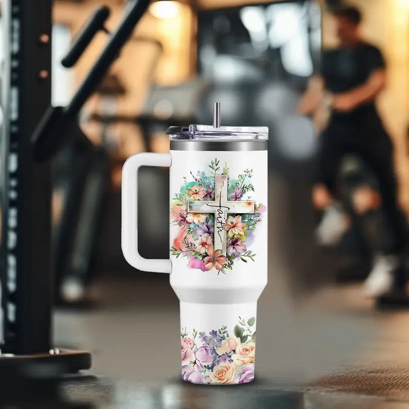 40oz Vacuum Flask Christian Women's Tumbler with Handle & Straw - Transparent Coffee Water Bottle, Faith-Inspired Religious Gift for Mom, Friends