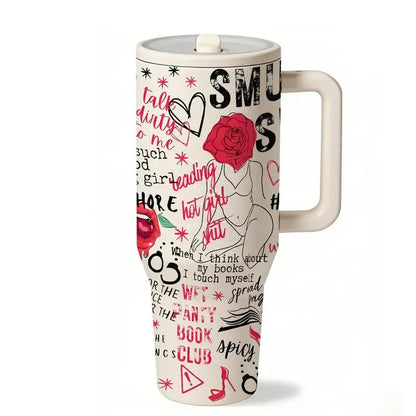 1 pc 40oz Insulated Mug with Handle and Straw Lid, Double-Wall Vacuum Leakproof Tumbler, Leak-Proof Large-Capacity Thermal Cup Keeps Drinks Hot 12 Hours and Cold 24 Hours, Smut Book Club Dark Rose Heart Print Gift for Women and Men, Insulated Travel Cup