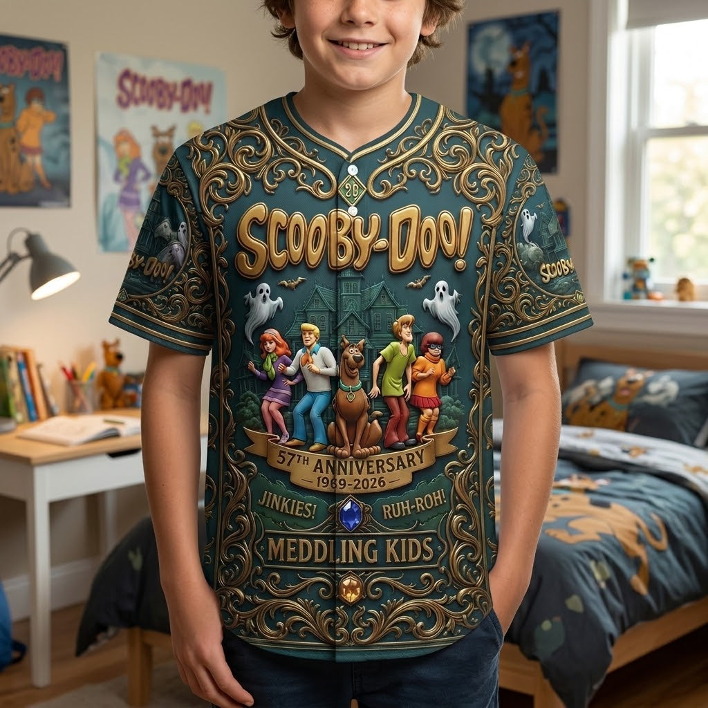 Scooby-Doo 57th Anniversary 1969–2026 Kids Baseball Jersey – Mystery Inc. 3D All-Over Print Button-Up Shirt, Retro Cartoon Gift for Boys & Girls
