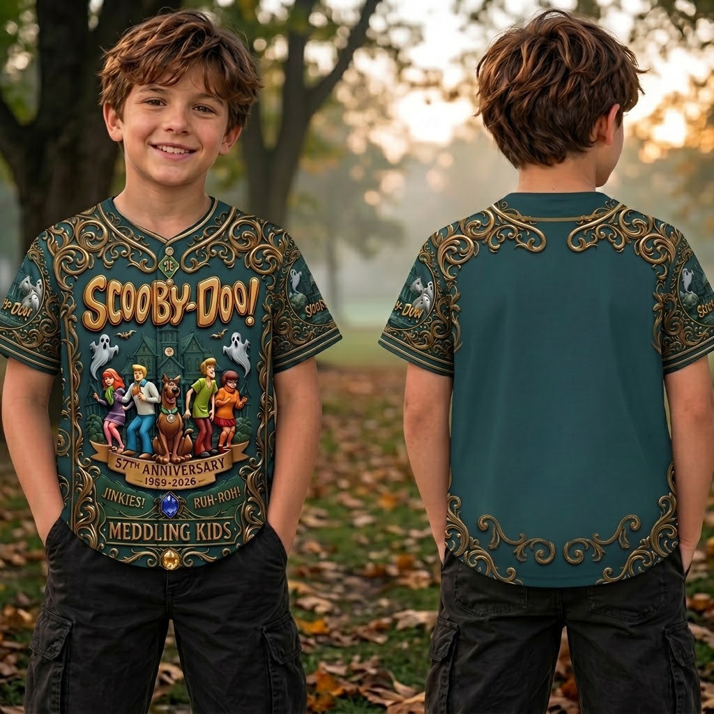 Scooby-Doo 57th Anniversary 1969–2026 Kids Baseball Jersey – Mystery Inc. 3D All-Over Print Button-Up Shirt, Retro Cartoon Gift for Boys & Girls