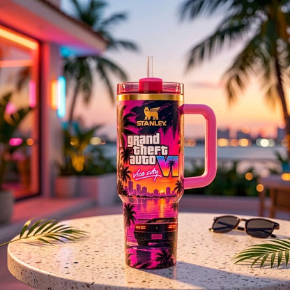 GTA VI Inspired 40oz Tumbler with Handle and Straw – Retro Miami Sunset, Tropical Palm Trees & 80s Neon Aesthetic Gaming Cup, Gift for Gamers