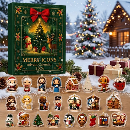 Merry Icons Advent Calendar 2026 – 24 Day Christmas Countdown, Cute 2D Acrylic Ornaments, Nativity & Holiday Blind Box Gift