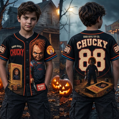 Kids Horror Slasher Baseball Jersey – Classic Horror Movie Characters 3D All-Over Print Button-Up Shirt, Halloween Outfit for Boys & Girls