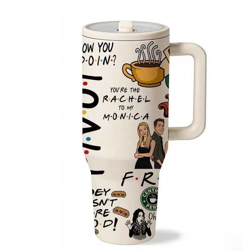 1pc 40oz Friends Fans Insulated Tumbler with Handle, Double Wall Vacuum Stainless Steel Travel Mug, Flasks, Drinkware, Keeps Cold 24H and Hot 12H, Leakproof Cup for Coffee, Office, Daily Use, Sitcom Inspired Gift for Friends, Birthdays, Holidays